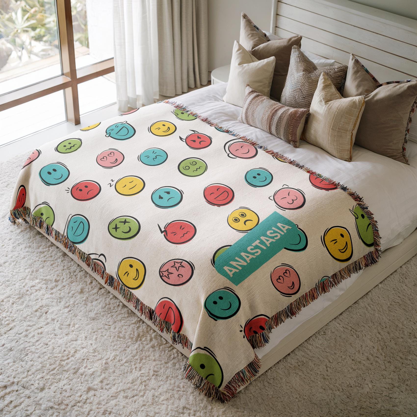 Personalized Smiley Baby Blanket, Colorful Happy Face Pattern