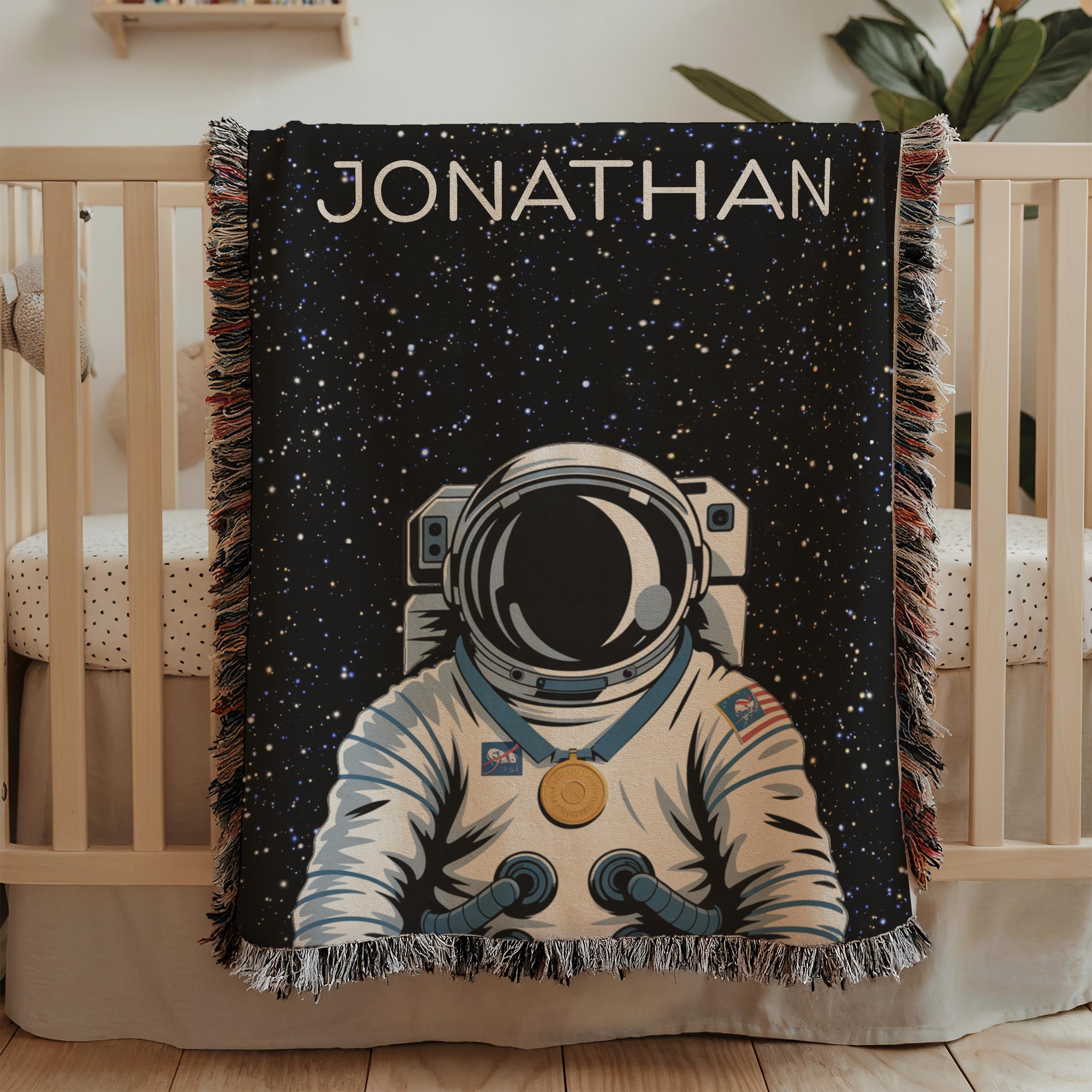Personalized Astronaut Baby Blanket, Outer Space Nursery Decor