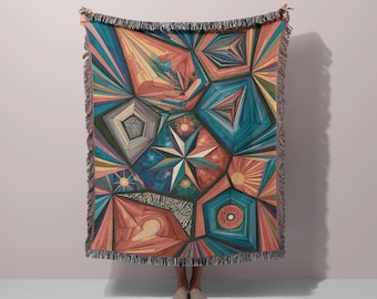 Geometric Abstract Woven Blanket, Vibrant Modern Art Throw, 100% Cotton Home Decor