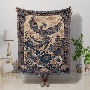 Chinoiserie Phoenix Wall Art Print, Blue and Gold Asian Inspired Decor, Pagoda Poster, Grandmillennial Art