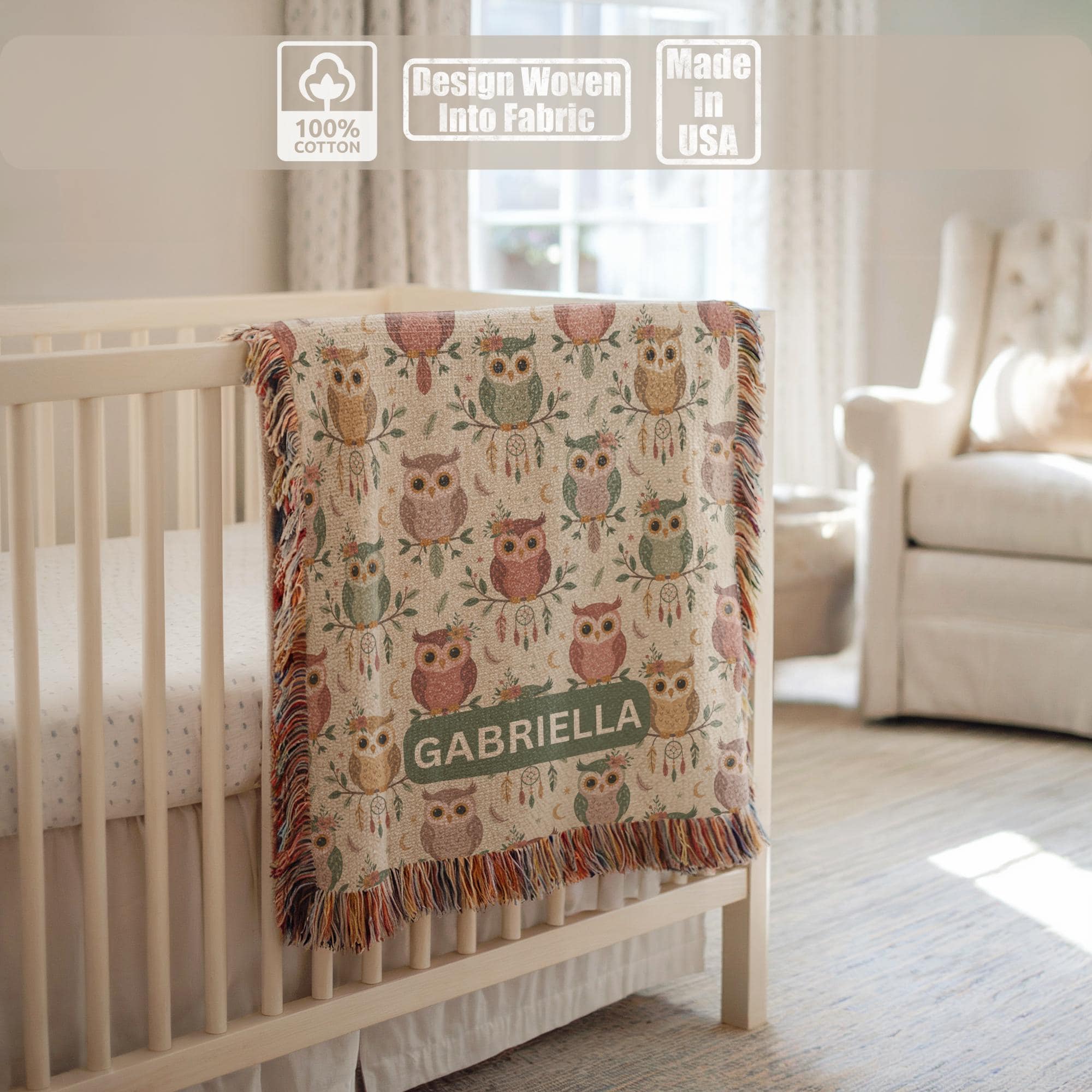 Personalized owl baby blanket, custom name woven blanket, cute pastel woodland toddler blanket gift