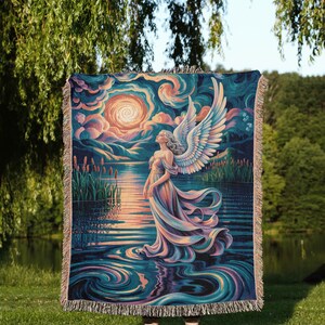 Manta tecida com anjo celestial, arte divina fantástica, presente de decoração espiritual para casa imagem 7