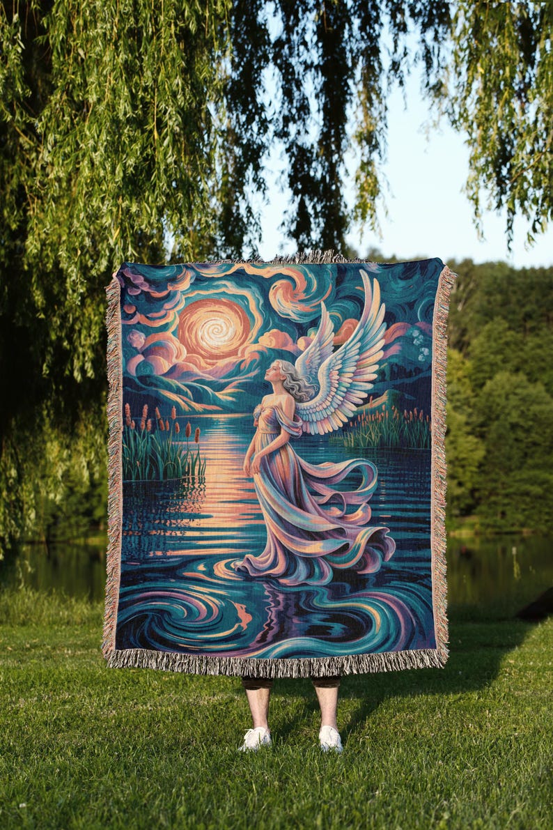 Manta tecida com anjo celestial, arte divina fantástica, presente de decoração espiritual para casa imagem 7