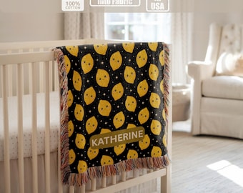 Personalized lemon pattern baby blanket, custom name woven nursery throw, cute yellow fruit toddler blanket gift