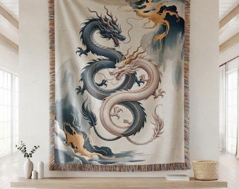 Yin Yang Dragon Woven Blanket, Fantasy Home Decor Throw