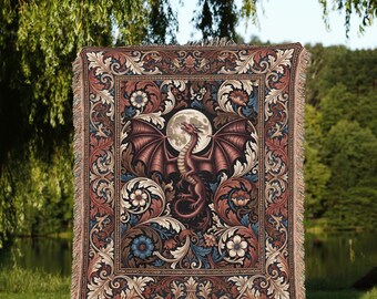 Whimsigoth Dragon Moon Woven Blanket - Dark Fantasy Celestial Decor - Gothic Night Sky Gift