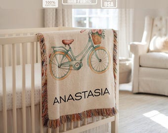 Personalized bicycle baby blanket, custom name woven blanket, cute bike nursery gift, kids adventure blanket