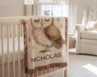 Personalized owl baby blanket, custom name woven blanket, woodland nursery gift, cute owl kids blanket