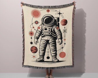 Graphic Astronaut Woven Blanket, Cosmic Illustration Art Throw, Cotton Home Decor