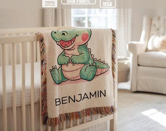 Personalized crocodile baby blanket, custom name woven blanket, jungle nursery gift, cute crocodile kids blanket