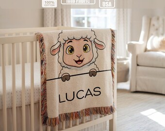Personalized Sheep Kids Woven Blanket, Animal Name Nursery Blanket, Farm Kids Room Decor, Custom Gift
