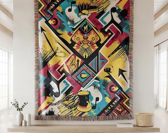 Abstract geometric woven blanket, bold modern art pattern throw, cozy contemporary home decor gift, pillows and throw blankets