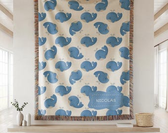 Personalized Blue Whale Woven Blanket, Nautical Nursery Throw