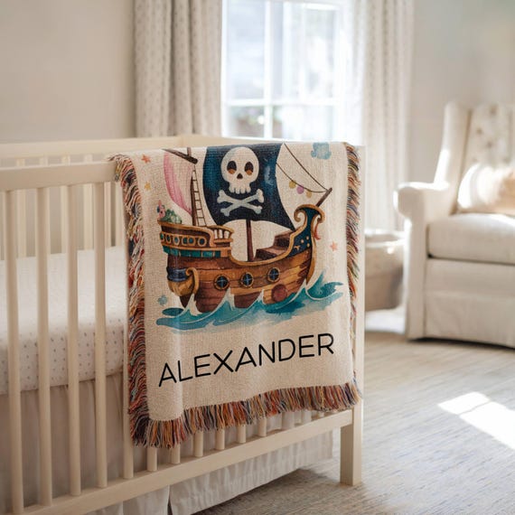 Personalized Pirate Ship Baby Blanket, Custom Name Woven Blanket