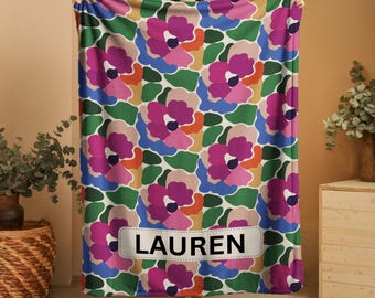 Personalized bold floral blanket, vibrant modern flower pattern throw, cozy gift for home decor