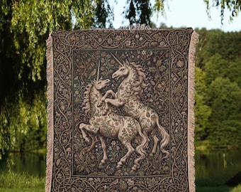 Enchanted Unicorn Woven Throw Blanket, Fairytale Home Decor, Medieval Fantasy Throw