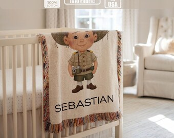 Personalized baby blanket, woven nursery blanket, explorer design, adventure theme, kids nature decor, soft baby gift blanket