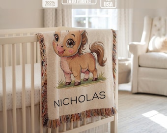 Personalized pony baby blanket, custom name woven blanket, farm nursery gift, cute pony kids blanket