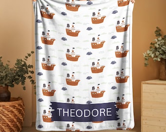 Personalisierte Piraten Babydecke, süßes Piratenschiff Muster, weiche Babydecke, individuelles Name Babygeschenk
