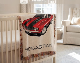 Coperta personalizzata per neonati a forma di auto rossa, coperta vintage a forma di muscle car per ragazzi, decorazione per cameretta a forma di auto da corsa, fantastico regalo per neonati