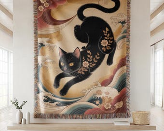 Manta tejida con diseño de gato negro floral, manta de inspiración japonesa, acogedor y elegante regalo de decoración para el hogar, almohadas y mantas.