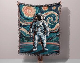 Surreal Astronaut Woven Blanket, Cosmic Dreamscape Art Throw, 100% Cotton Home Decor