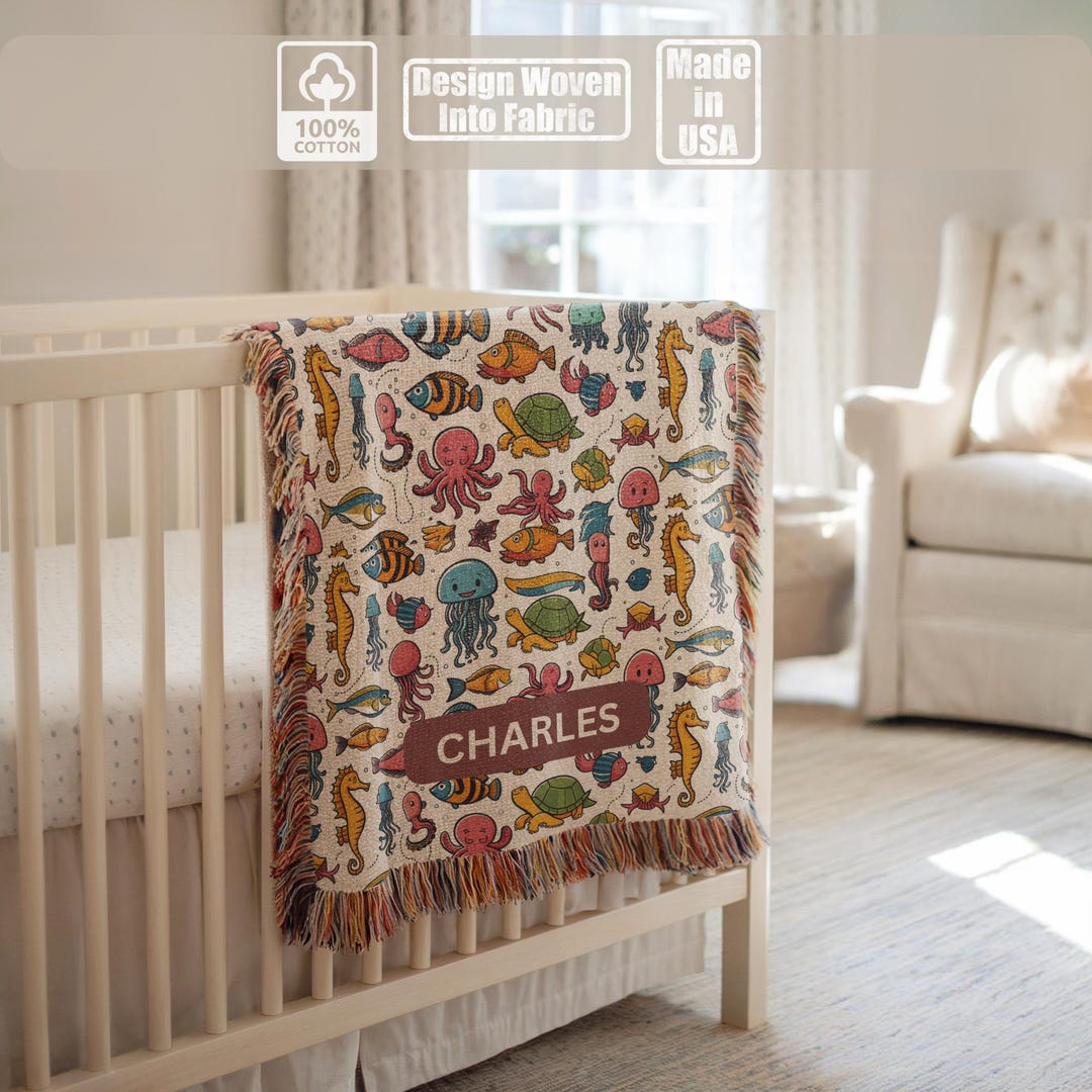 Personalized Ocean Life Baby Blanket, Custom Name Woven Nursery Throw ...