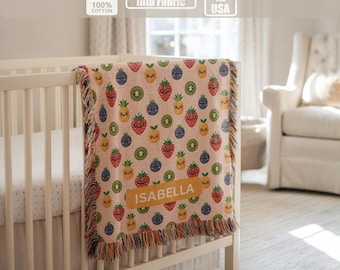 Manta personalizada para bebê com estampa de frutas vermelhas, manta de frutas com nome personalizado para berçário, lembrança tecida para criança.