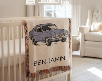 Personalized car baby blanket, vintage blue car blanket for boys, race car nursery decor, custom baby gift
