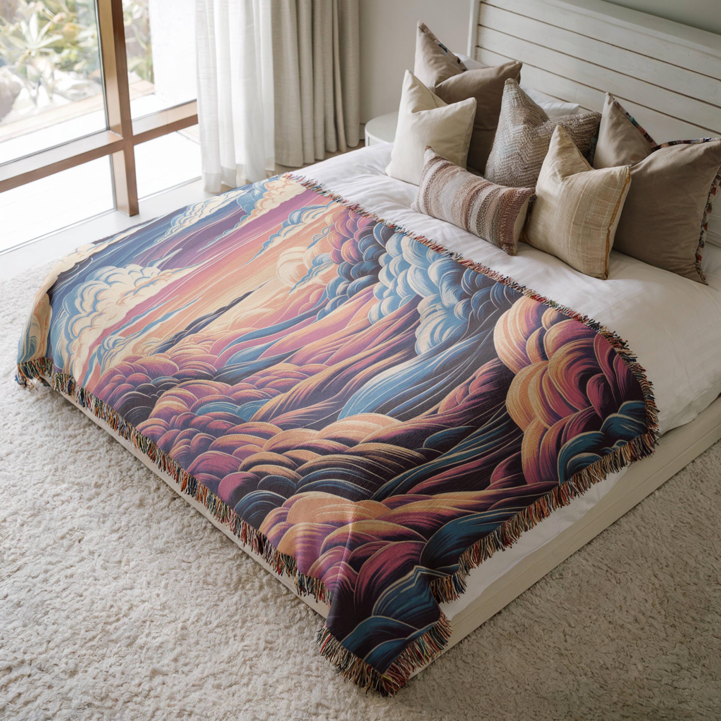 Ocean Waves Woven Blanket, Abstract Coastal Throw, Fringed Edges