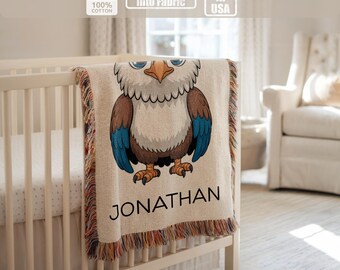 Personalized eagle baby blanket, majestic bird themed nursery decor, wildlife baby gift, adventure boys blanket