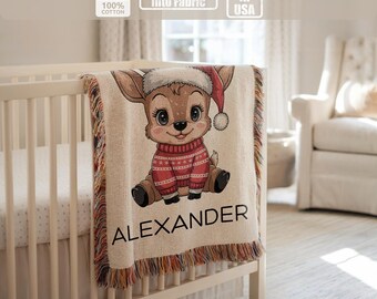 Personalisierte Weihnachts-Rentier-Babydecke, individuelle Feiertagsdecke für Neugeborene, Kleinkinder und festliche Kinderzimmerdekoration