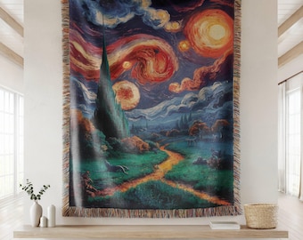 Van Gogh Starry Night Woven Blanket, Fantasy Landscape Throw