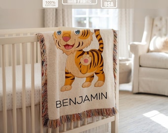 Coperta personalizzata per neonati a forma di tigre, coperta con animali della giungla per ragazzi, decorazione per cameretta dei bambini in stile safari, regalo per baby shower in stile selvaggio