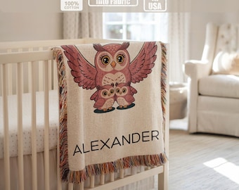Personalized owl baby blanket, custom name woven blanket, woodland nursery gift, cute owl kids blanket
