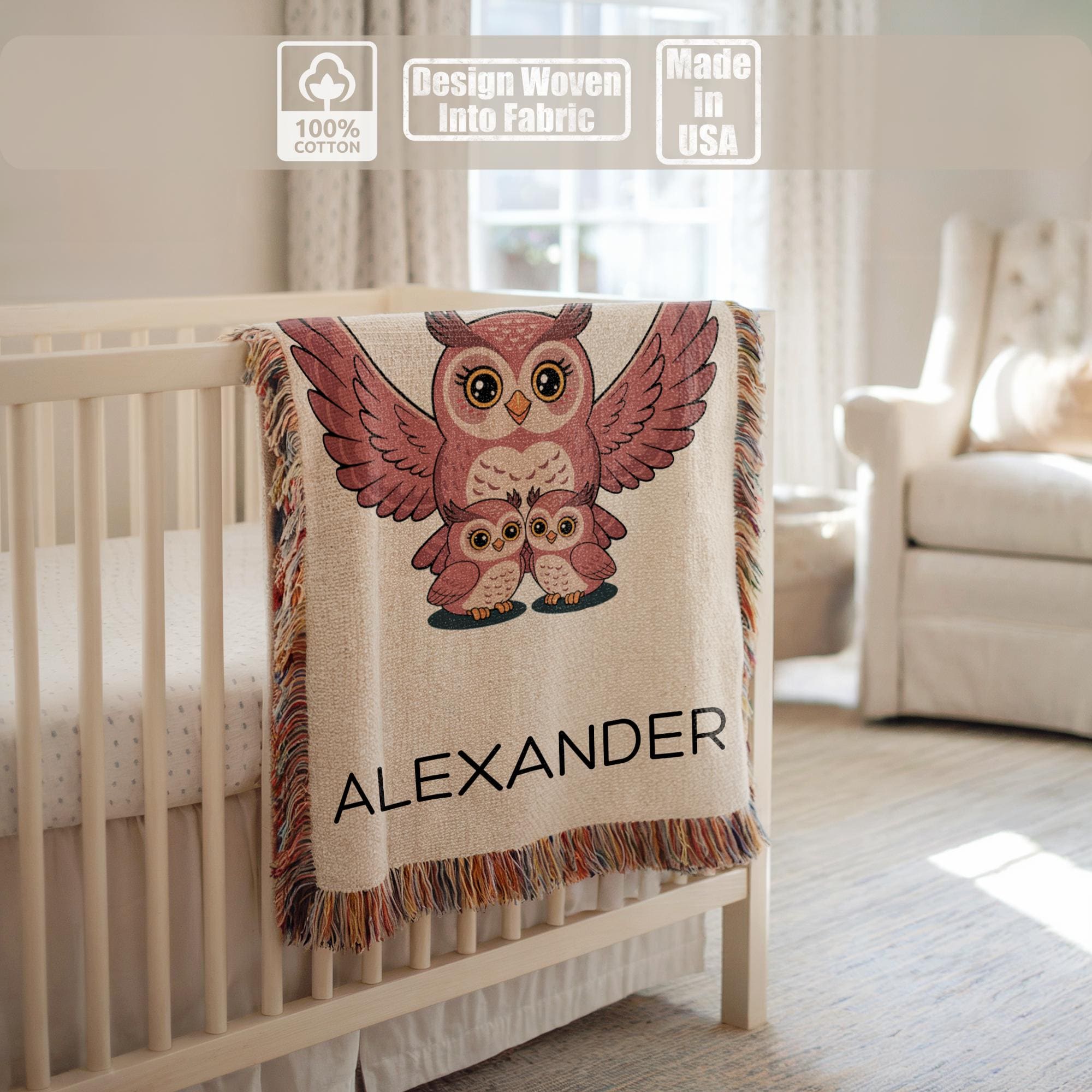 Personalized owl baby blanket, custom name woven blanket, woodland nursery gift, cute owl kids blank