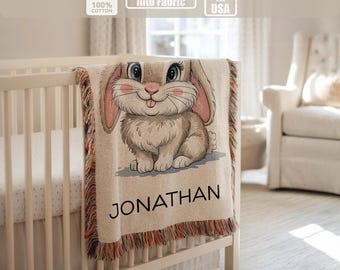 Manta de conejito personalizada para bebé, manta tejida con nombre personalizado, regalo de guardería de conejo, linda manta de conejito para niños
