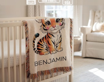 Coperta personalizzata a forma di tigre per neonati, coperta tessuta con nome personalizzato, regalo per la cameretta dei bambini nella giungla, graziosa coperta a forma di tigre per bambini