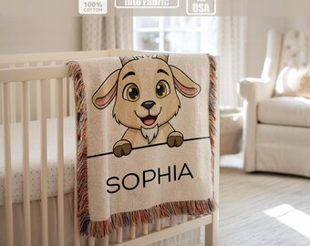 Personalized Goat Kids Woven Blanket, Animal Name Nursery Blanket, Farm Kids Room Decor, Custom Gift
