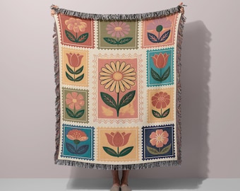 Manta tejida con estampado floral retro, manta con diseño de inspiración folclórica, decoración de algodón para el hogar.
