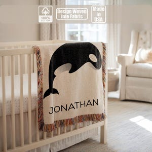 Personalized orca whale baby blanket, ocean animal blanket for boys, sea life nursery decor, aquatic baby gift