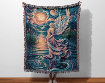 Celestial Angel Woven Blanket, Divine Fantasy Art Throw, Spiritual Home Decor Gift