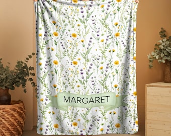 Personalized wildflower blanket, delicate botanical pattern throw, soft custom name blanket for adults and women