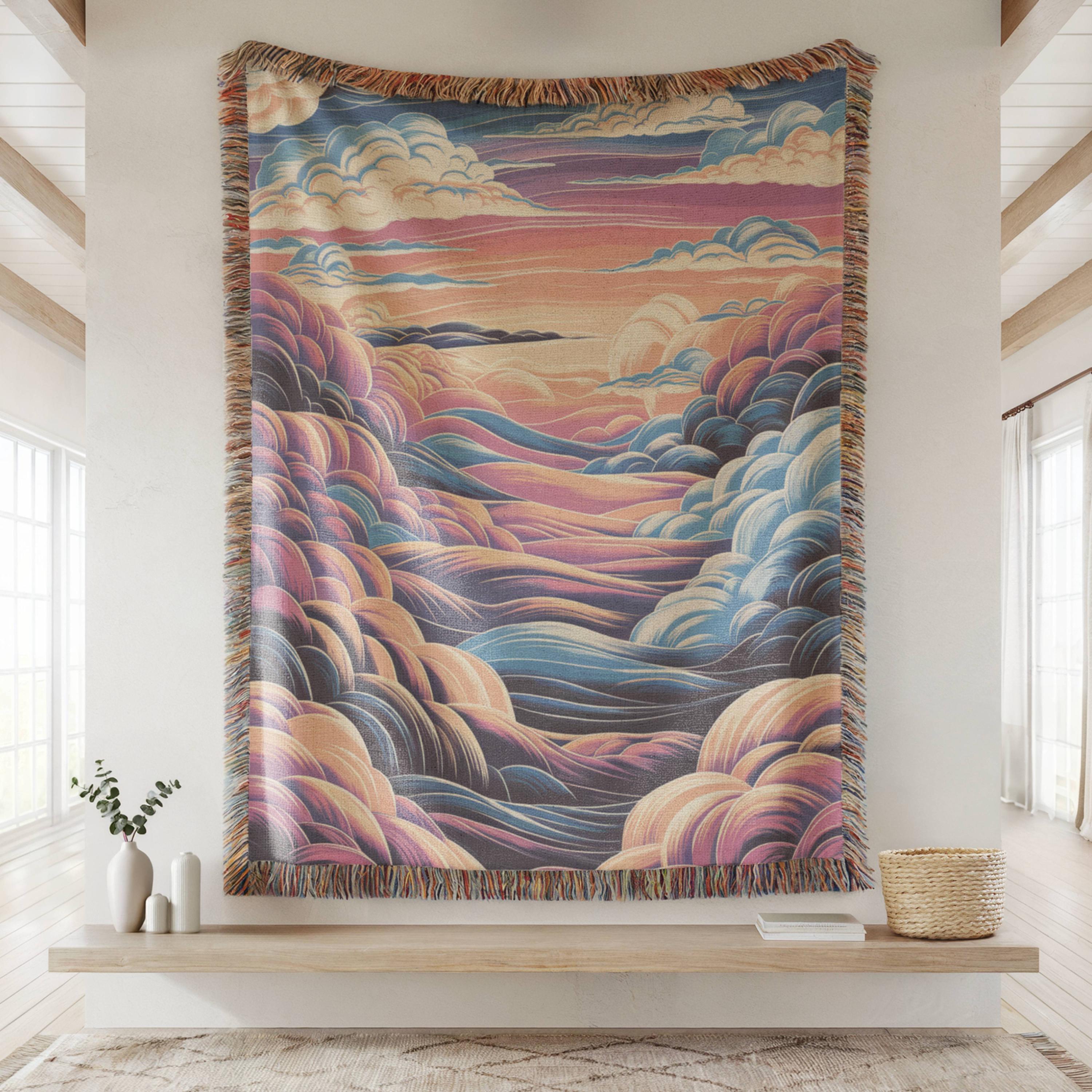 Ocean Waves Woven Blanket, Abstract Coastal Throw, Fringed Edges