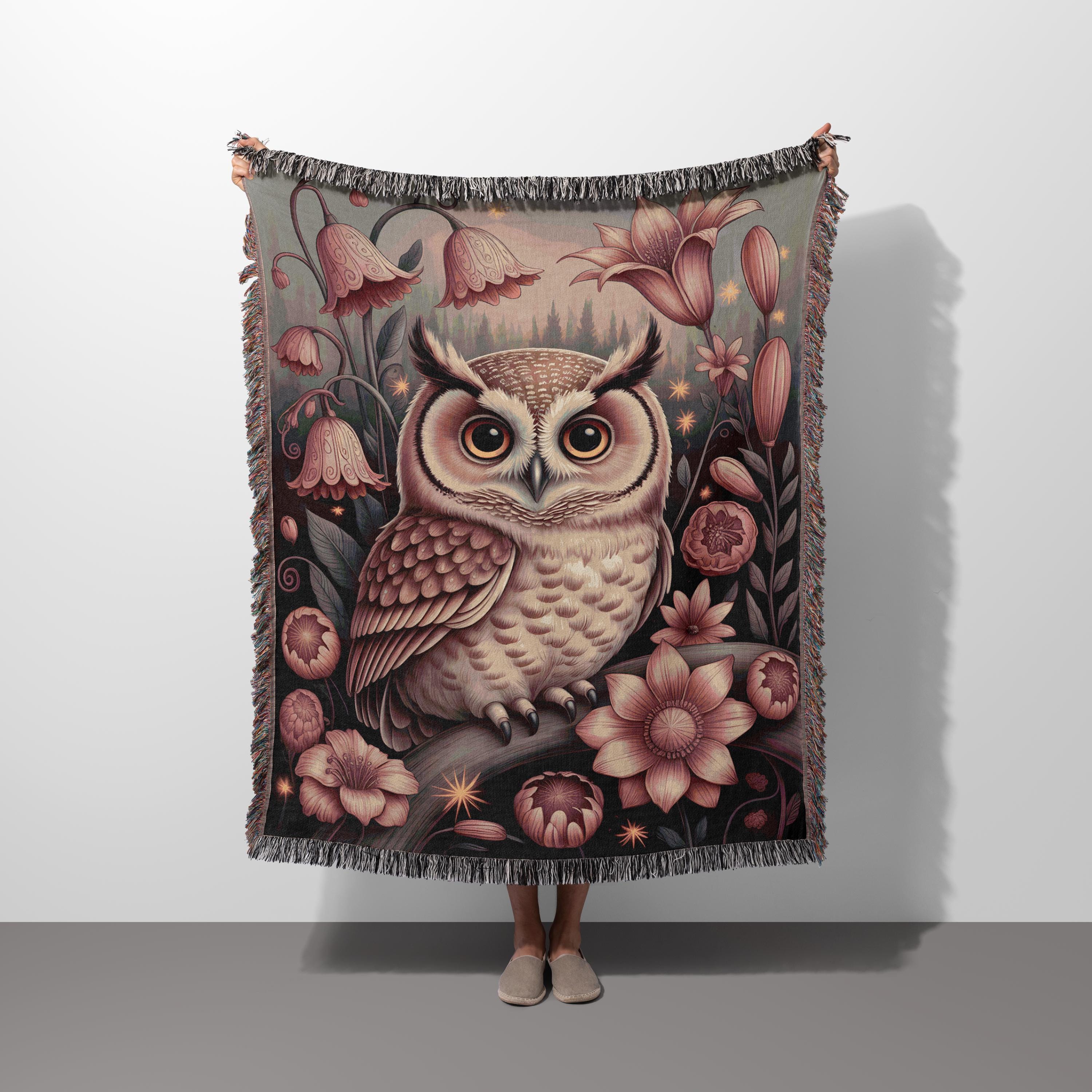 Woven Owl Floral Blanket, Woodland Art Throw, Cozy Elegant Home Decor