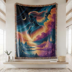 Abstract celestial goddess woven blanket, moonlit sky art throw, mystical cosmic inspired home decor