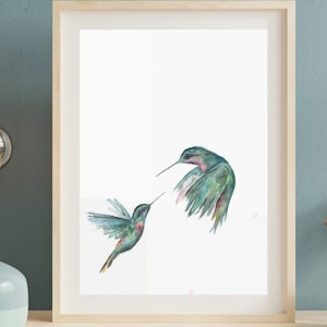 Zwei Kolibris Giclée Druck von Original Aquarell, minimalistische Wandkunst, Wohnkultur Geschenk für Vogelliebhaber