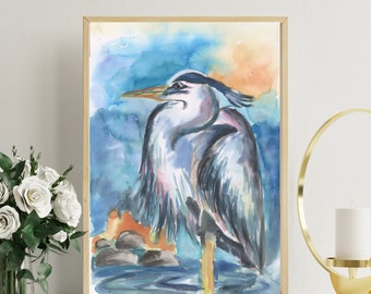 Blue Heron Watercolor Painting - Giclée Print from Original Work, Great Blue Heron, Grey Heron, Fishing Hunting Bird
