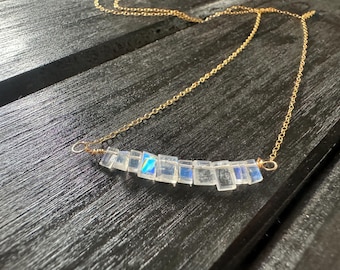 Rainbow Moonstone Bar Necklace: 14k Gold Filled Beaded Jewelry