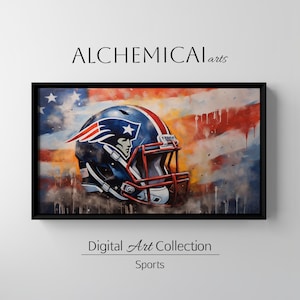 May include: A digital painting of a blue and red football helmet with a white star on the side, set against a background of an American flag with red, white, and blue colors. The helmet is partially obscured by a cloud of white paint.
